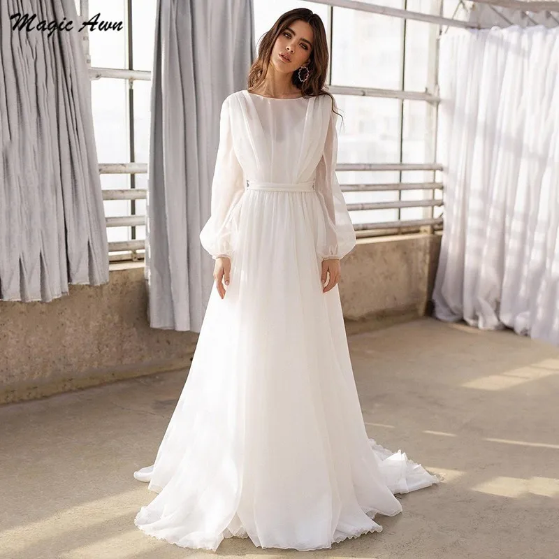 Magic Awn Boho Long Sleeves Wedding Dresses Illusion Backless Beach A-Line Bridal Gowns Simple Cheap Vestidos De Novia 2021