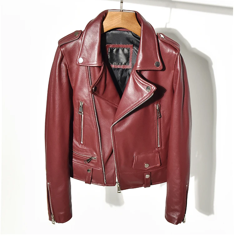 Shipping,2020 new Free fashion genuine leather jacket.warm women short slim sheepskin coat.quality red wine outwear.sales