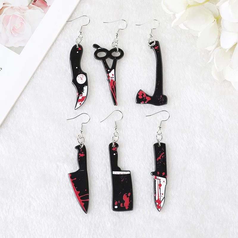 Picture: 1 Pair Fashion Halloween Bloody Knife Fear Scissors Dangle Earrings For Girls Women Birthday Gift Lovely Jewelry