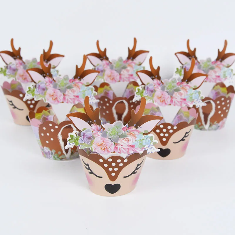 12/24 stücke Cartoon Sika Deer Cupcake Wrapper Geweih Papier Kuchen Topper Frohe Weihnachten Weihnachten Neue Jahr Geburtstag Party Dekoration – Detail 23