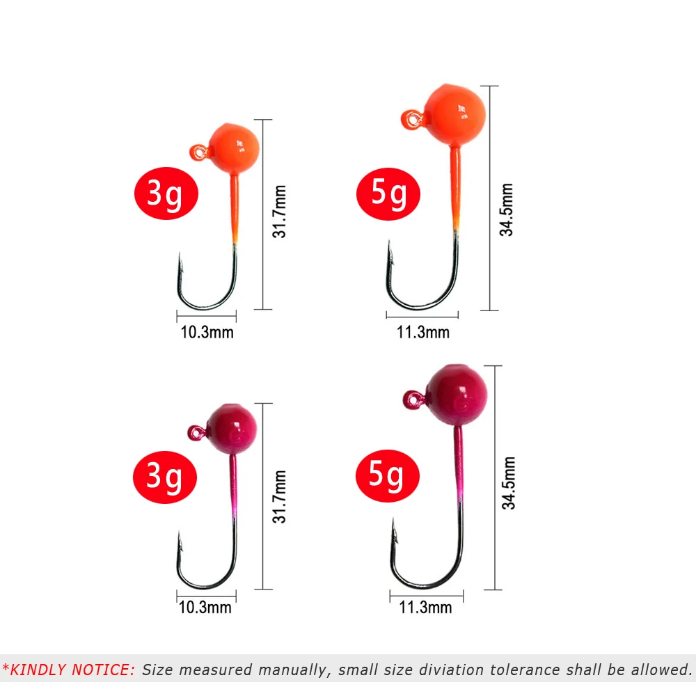 Bimoo 5/10PCS 3g 5g Ball Jig Heads Hooks Roundhead Jig Worm Bait Hook Winter Jigging Fishing Lures Bait Hook UV Orange Rose image 2