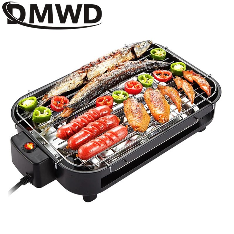 DMWD Multifunctional Electric Griddle Smokeless BBQ Grill Baking Pan Skewers Household Machine Barbecue Grill With Oil Drip Pan