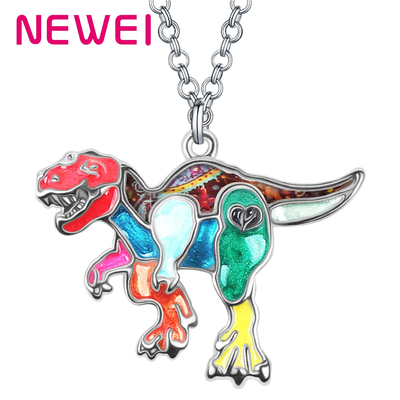 

NEWEI Enamel Alloy Floral Wild Jurassic Dragon Dinosaur Necklace Pendant Chain Punk Jewelry For Women Men Teens Charm Party Gift