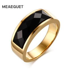 Meaeguet Cool Men Rings Stainless Steel Black Rhombic Cut Stone Rings Wedding Band Bague Homme 8MM Wide