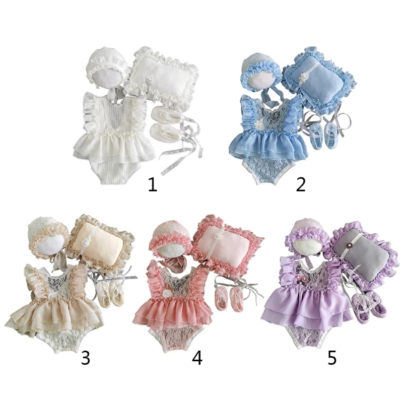 4Pcs Newborn Photography Props Suit Lace Romper Hat Pillow Headband Set Knit Outfits Clothing Infants Shooting Gifts