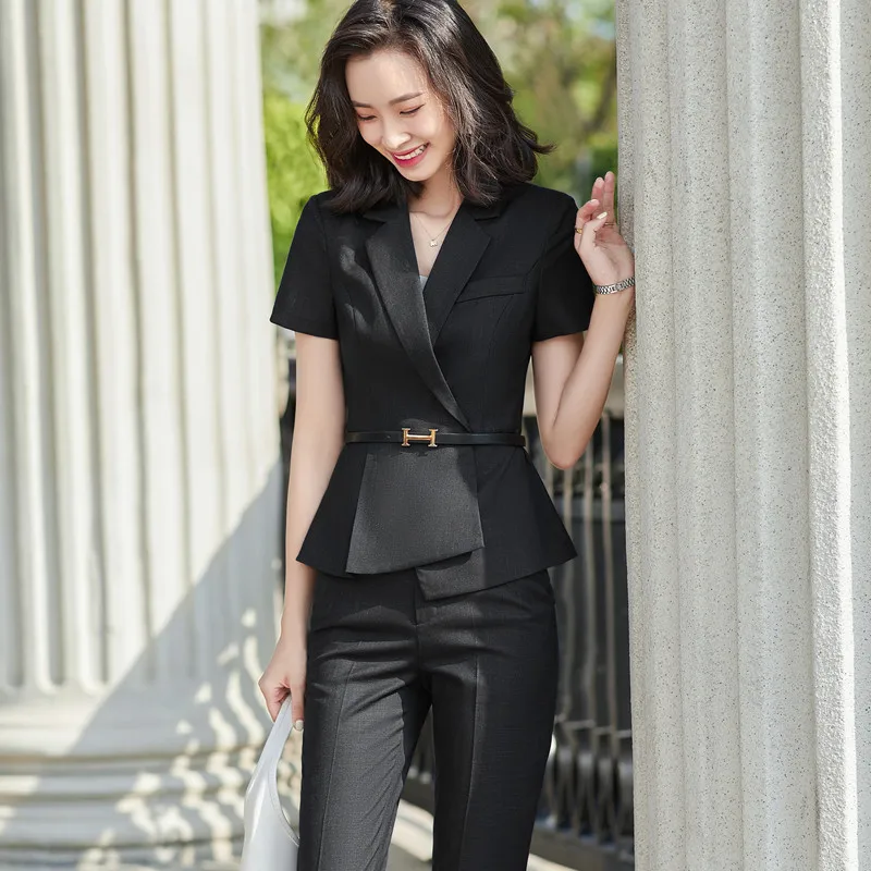 High End Short Sleeve Suits Women Summer Navy Blue Business Formal Slim Blazer And Pants Office Ladies Work Wear