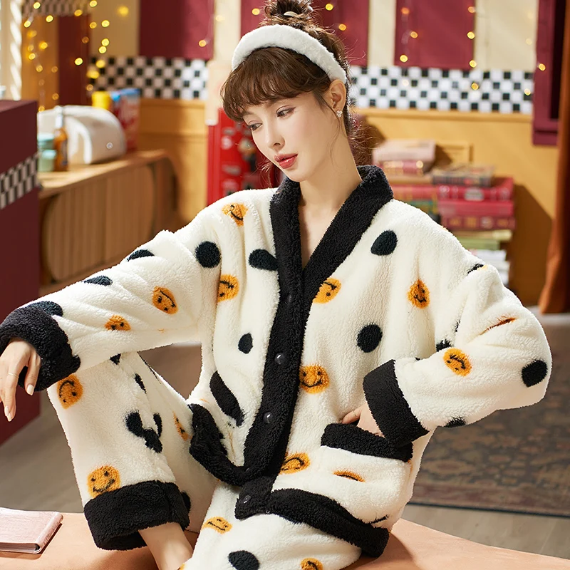 Winter Flannel Pajamas For Women Sleepwear Set Cardigan Pijamas Cartoon Bear Night Wear Lady Home Clothes Thick Warm Pyjama Suit