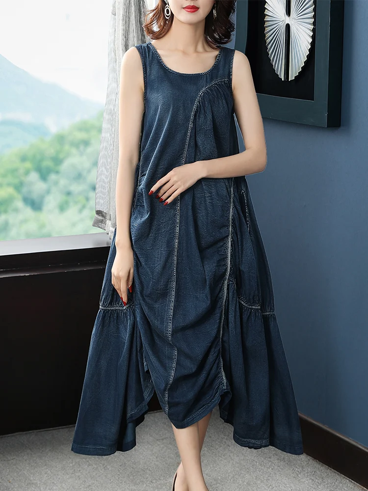 TIYIHAILEY 2022 Free Shipping Vintage Women Long Mid-Calf Sleeveless Denim Summer Tank Dresses Irregular Big Hem M-XL A-line