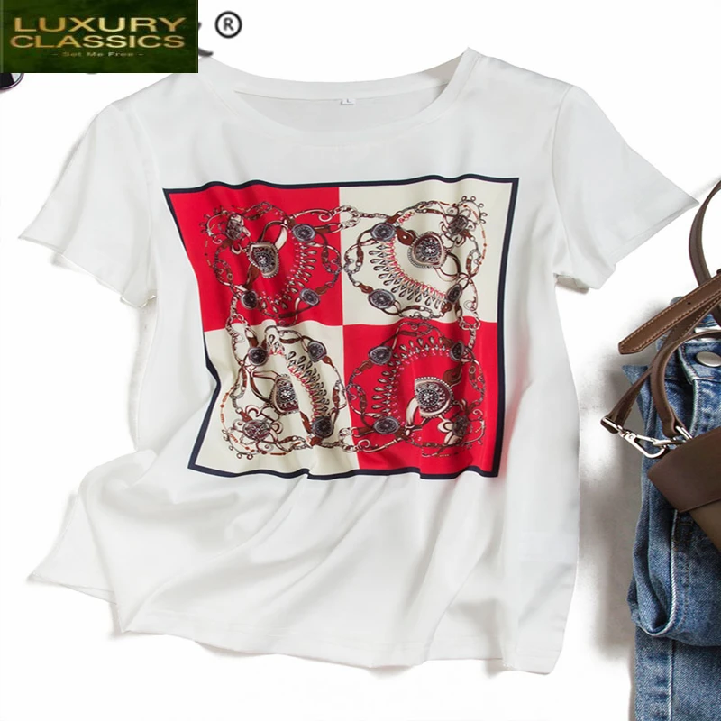 

Silk Harajuku 100% Real Summer Female T-shirt Women Tops 2021 Korean Vintage White Black Floral Silk Tops Kpop Tshirt 060