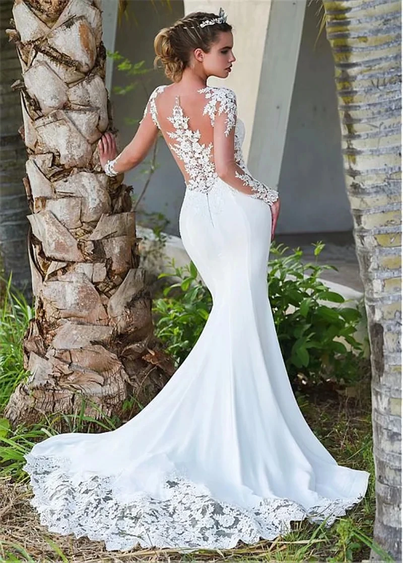 Vestido De novia De sirena con cuello en V para mujer, traje elegante De manga larga con apliques De encaje, Espalda descubierta, 2024