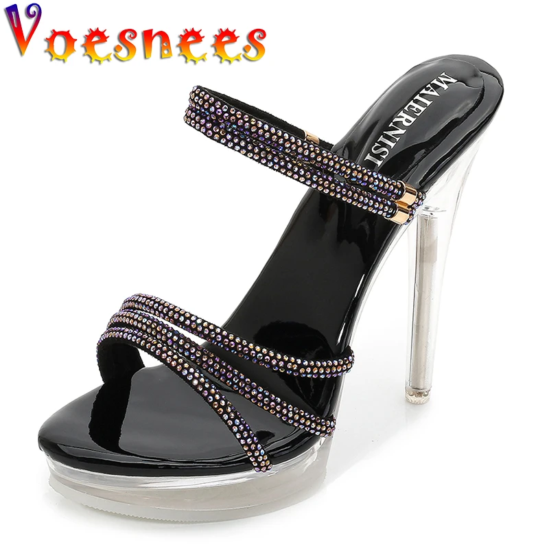 Voesnees Summer Crystal Sandals Slippers Women High Heels 10CM Colored Diamond Party Sandals Nightclub Platform Steel Pipe Shoes