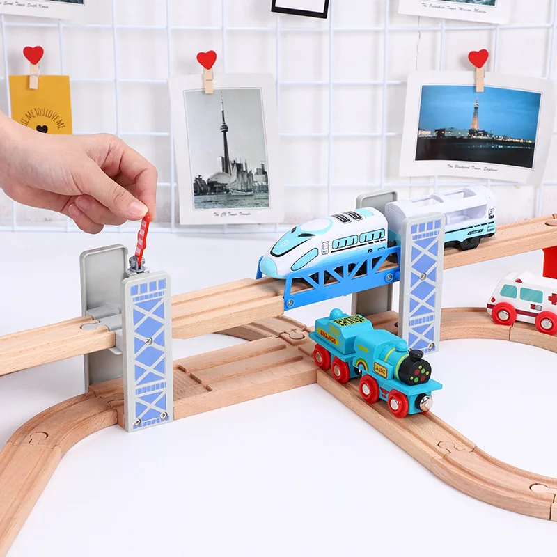 Tren de madera a granel, accesorios de pista, Serie de puente, Escena de pista, juguetes educativos, puente de doble barrera, coche de riel de marca a tiempo