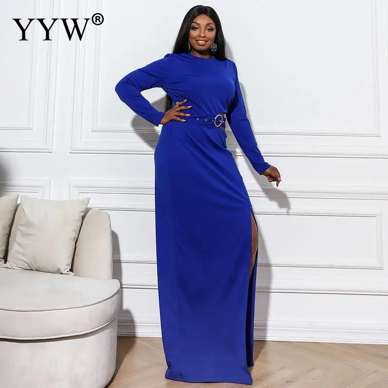 Royal Blue Crop Top Riem Lange Party Jurken Cocktail Side Split Enkellange Hoge Hals Effen Cool Formele Jurken Vestidos 2021