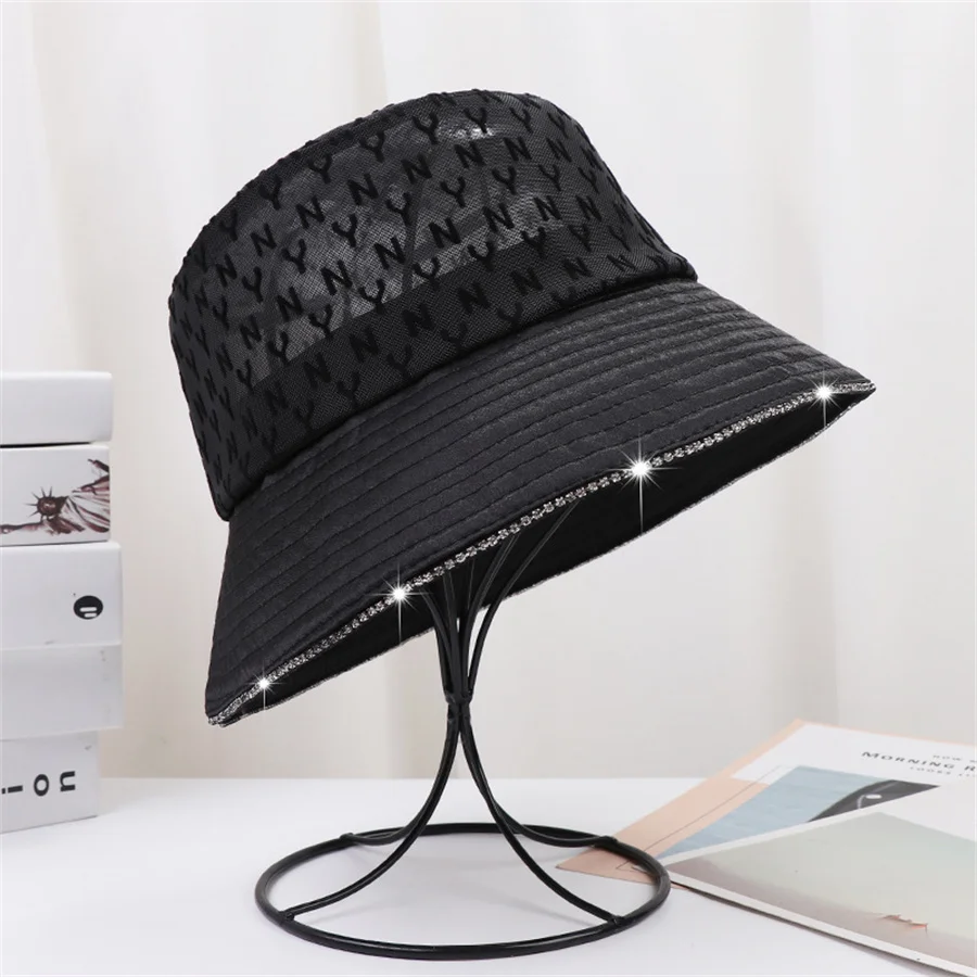 Summer Rhinestone Bucket Hat For Women Net Yarn Solid Color Wide Brim Outdoor Sun Hats Portable Foldable Hats Lady Fashin Caps