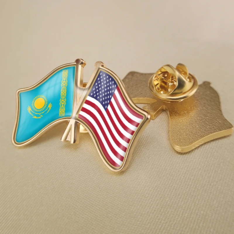 Kazakhstan and United States Crossed Double Friendship Flags Lapel Pins Brooch Badges