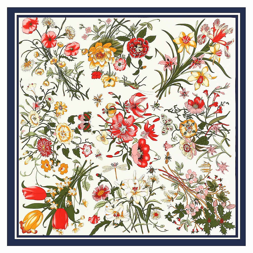 Xale de flores e plantas de silo feminino, cachecol quadrado grande, decoração quente para viagem, moda clássica europeia, 130cm, novo, primavera