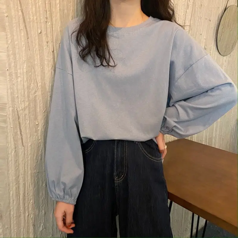 Solid Long Sleeve T-shirts Women Basic Tops Lantern-sleeve Baggy Tshirts O-neck Preppy Style Casual Candy Colors Korean Fashion