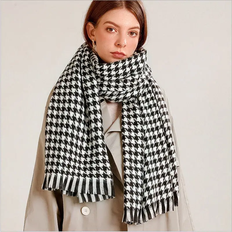 Women\'s Scarves Winter Vintage Soft Warm Black White Plaid Houndstooth Scarves Womans Bufandas Invierno Mujer Shawl Wrap Luxury