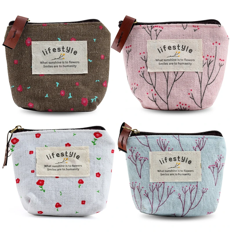 1 Pc Girls Portable Mini Canvas Bag Purse Tree Flower Pattern Printed Coin Purses Wallet Women Credit Card Holder Zipper Wallets