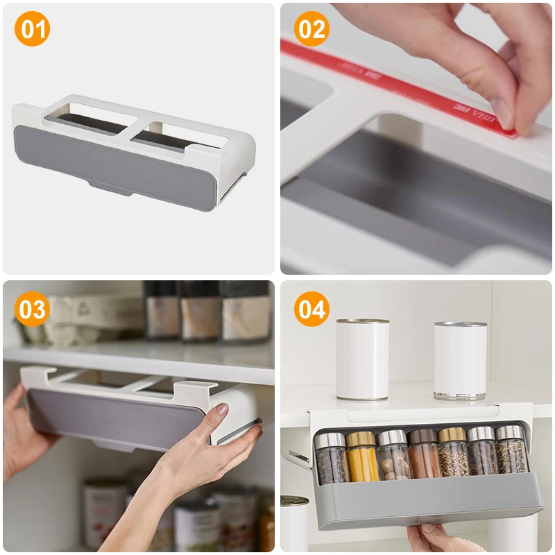 Kitchen Spice Rack Self-adhesive Spice Organizer Rack Seasoning Bottle Spice Organizer Wall-mounted Under-Shelf Kitchen Storage