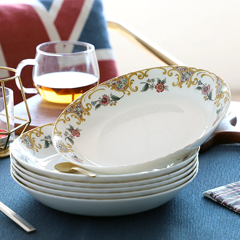 

4/6pcs Set Bone China Dinnerware Plate Household Round 8-inch Deep Vegetable Dishes Dessert Fruit Tray European Tableware
