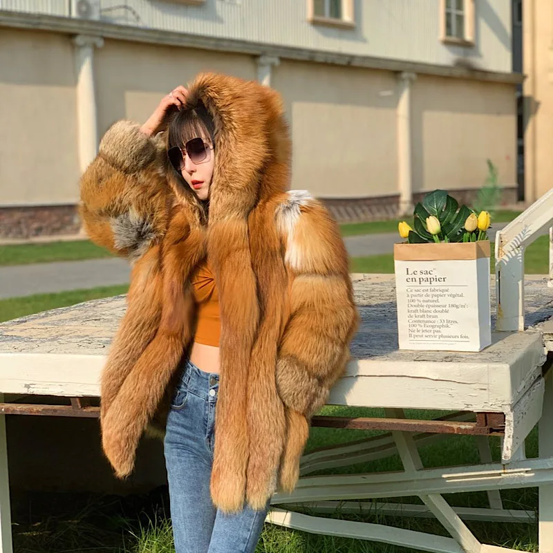 2022 New Luxury Red Silver Fox Fur Hooded Coats Women Winter Warm Outerwear High Quality Genuine Fox Fur   Thick Fur Coat