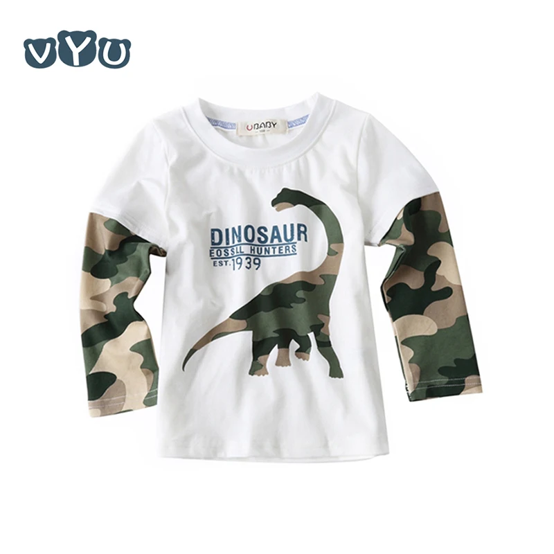 Summer Children's Clothing Cartoon Dinosaur Print Boy Long-Sleeved T-Shirt Fashion Pure Cotton Round Neck Campus Casual T-Shirt