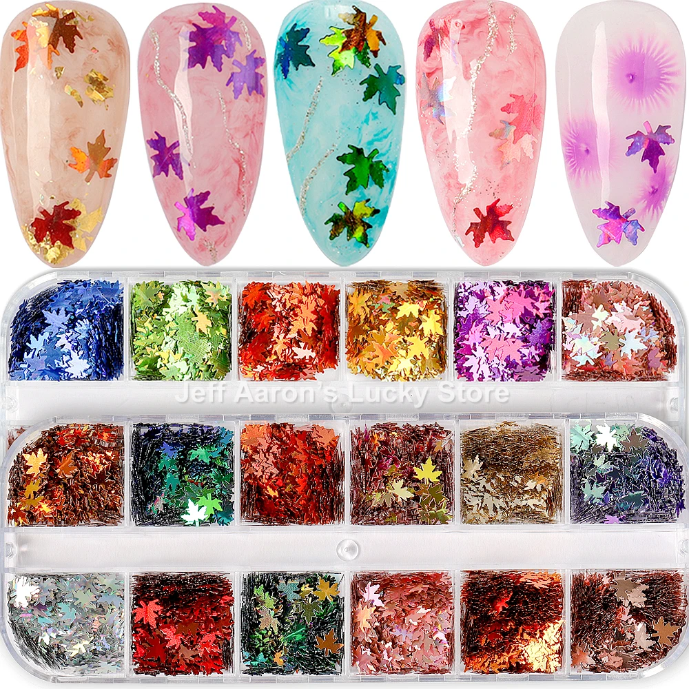 

12 Grids/Set Nail Supplies Maple Leaf Holographic Glitter Nail Art Decorations Decals Sequines Decals Nails Accessories Set