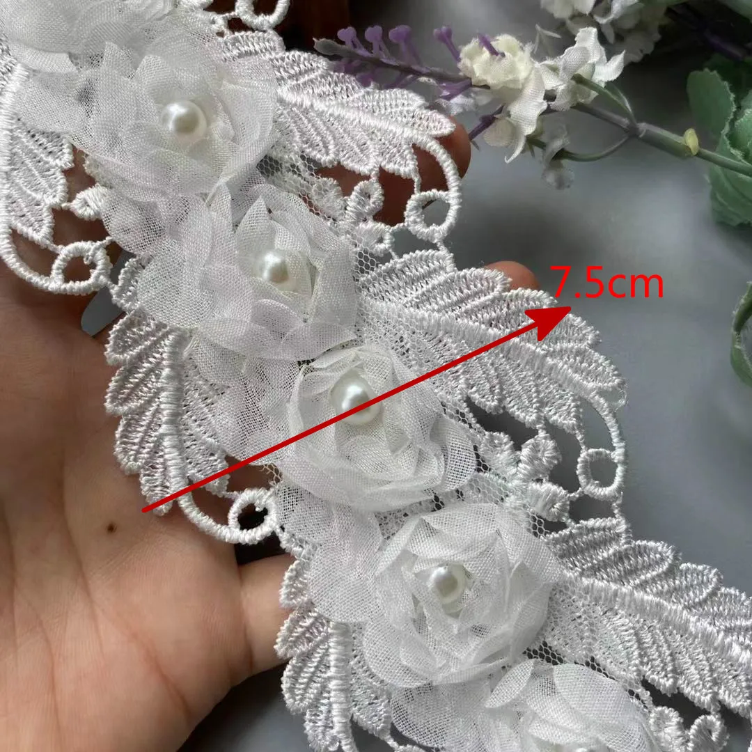 1 Yard Lace Trim White Pearl Rose Flower Soluble 75mm Embroidered Ribbon Fabric Handmade DIY Wedding Dress Sewing Supplies Craft