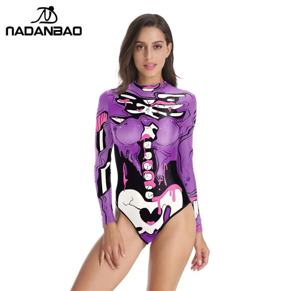 NADANBAO Swimsuit Women Long Sleeve Halloween Sexy One Piece Swimsuit Printed Sport Swimwear Beach Party Swimming Suit