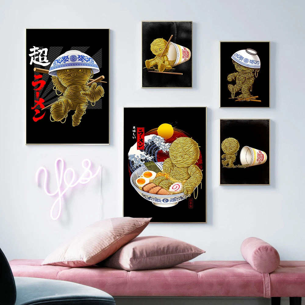 Funny Japan Ramen Waves Wall Art Print Abstract Mummy Canvas Painting Instant Noodles Posters Kitchen Restaurant Decor Pictures