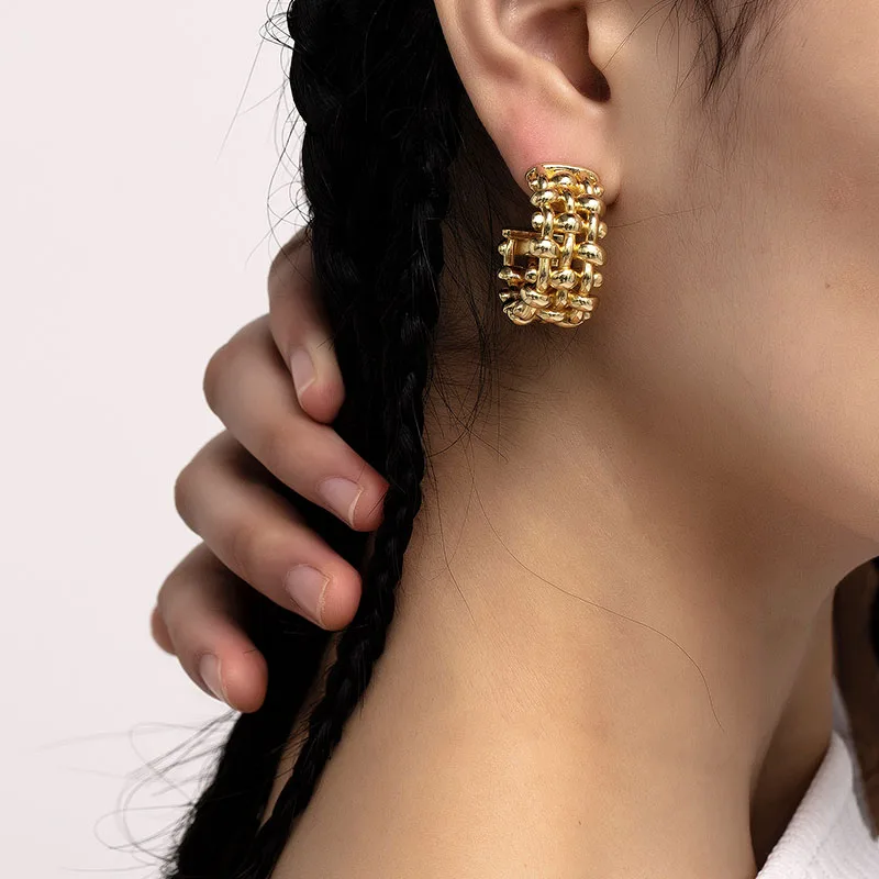 

Brass With 18K Gold Braided Dropping Earrings Women Jewelry Punk Party Gown Runway Rare Korean Japan Boho Hiphop