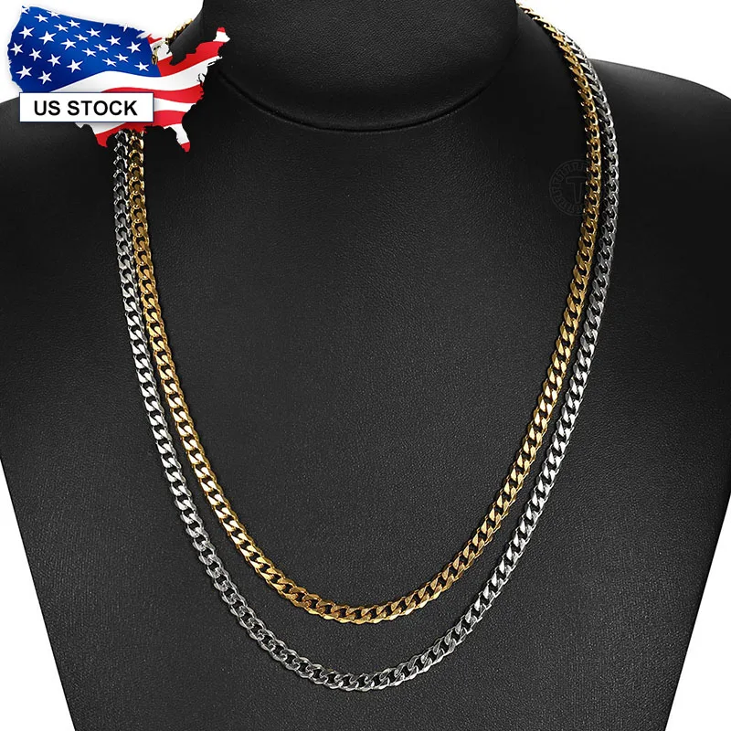 2pcs Curb Cuban Necklace for Women Men Stainless Steel Gold Silver Color Link Chain Layered Wholesale Jewelry Gifts LKN196KN53