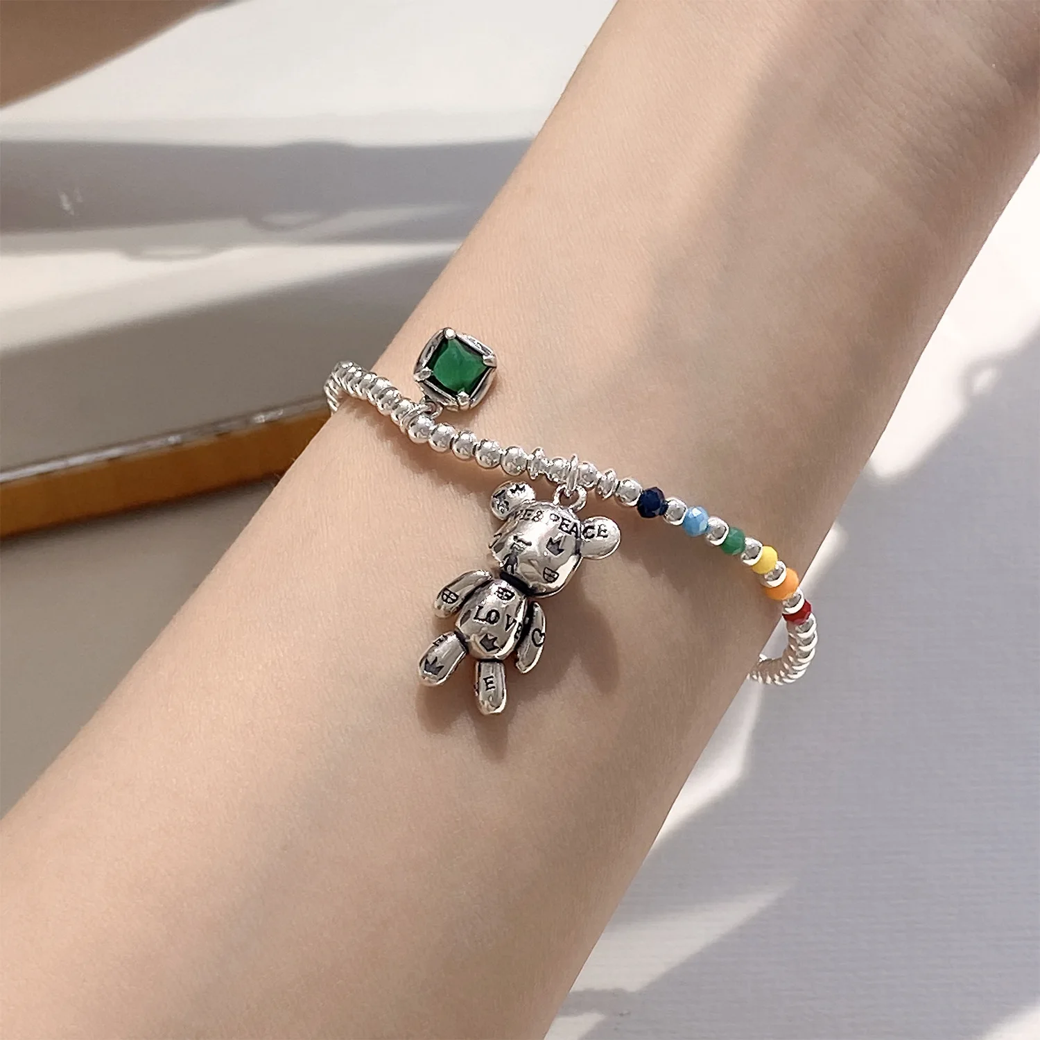 Sweet Little Bear Animal Colorful Rainbow Bead Chain Thai Silver Ladies Jewelry Set Necklace Bracelet Birthday Gifts