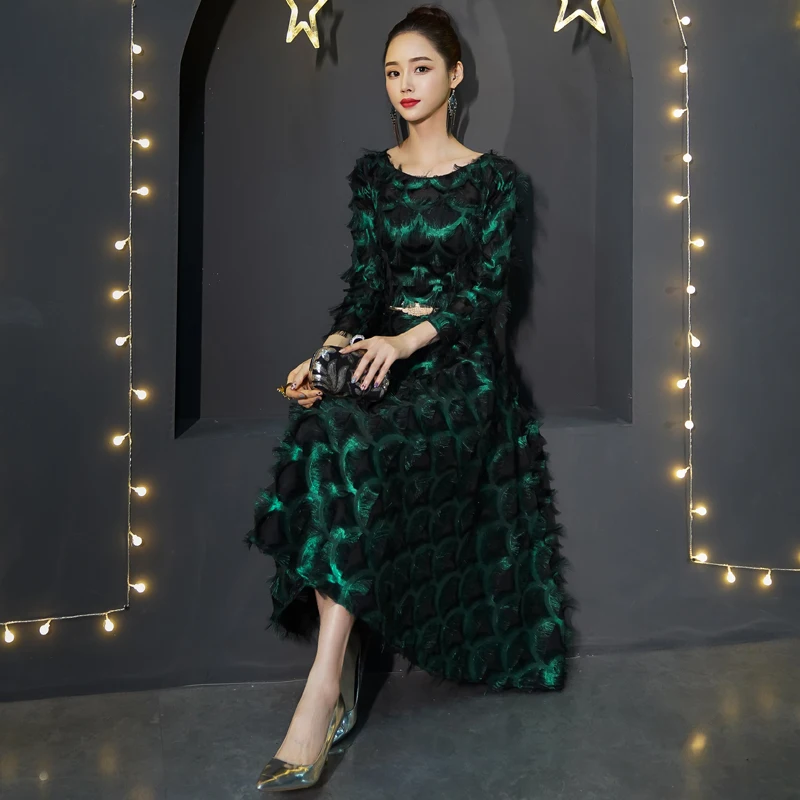 Elegant Long Sleeve Evening Dresses A- line Tea-Length Lace Green Formal Gown The Bride Dresses