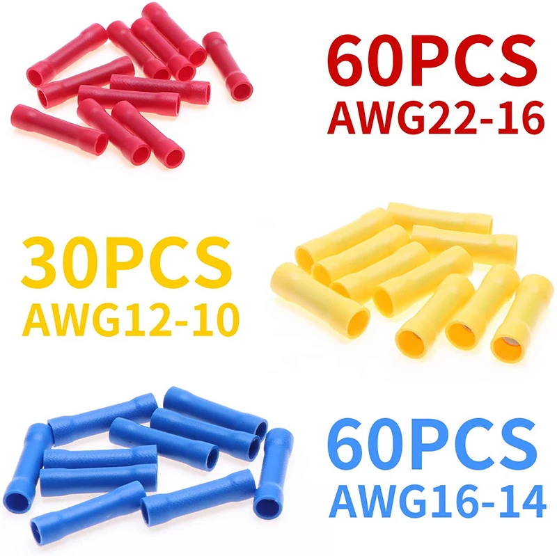 ELECTRAPICK 150pcs Insulated Straight Wire Butt Connectors Electrical Wire Cable Crimp Terminals Set Cold Press Cable Splice