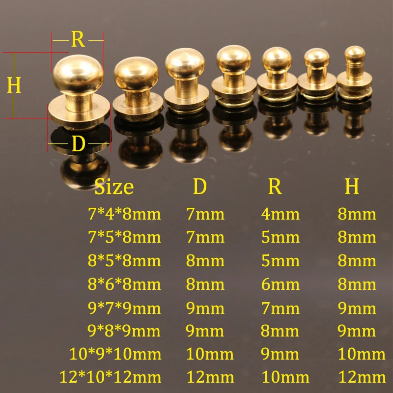 10pcs Solid Brass Sam Brown Browne ButtonScrew Back Round Head Ball Post Studs Nail Rivets DIY Leather Craft Accessory