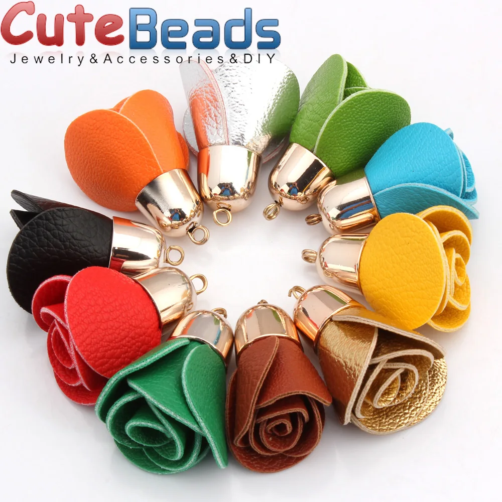 Free shipping gold cap mixed color faux leather rose tassel earrings pendant DIY jewelry production 42 mm 6 pieces / lot