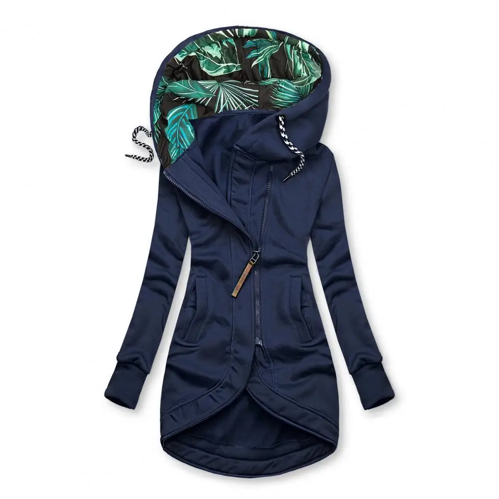 

Solid Color Hooded Coat Women Leaves Print Hooded Jacket Irregular Hem Zipper Long Coat Women Overcoat Outwear куртка женская