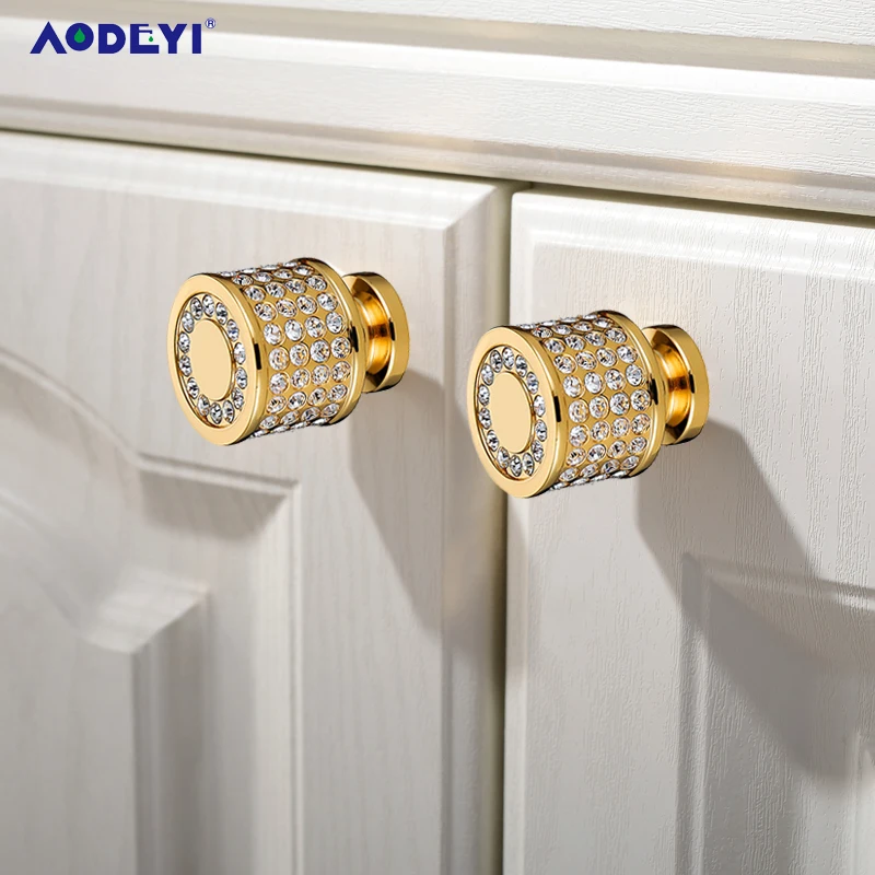 

Luxury 24K Real Gold Czech Crystal Brass Round Cabinet Door Knobs and Handles Furnitures Cupboard Wardrobe Drawer Pull Handles