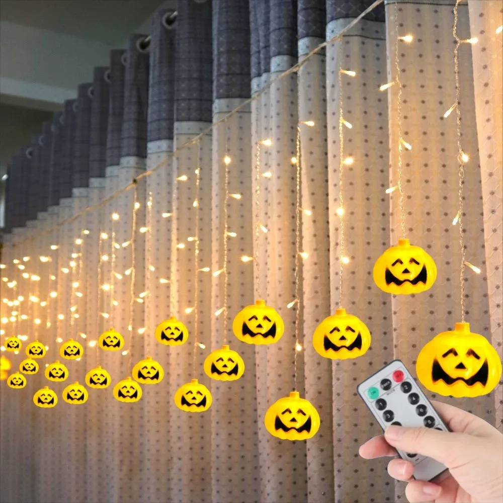 

3.5M 96 LEDs Halloween Pumpkin LED Icicle Curtain String Lights USB/Battery 3D Halloween Pumpkin Lantern Home Party DIY Decor