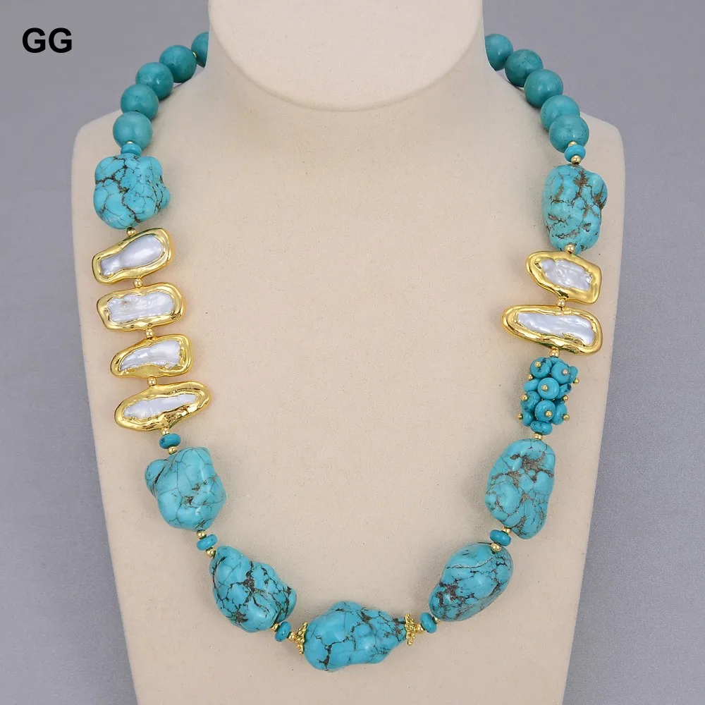 GuaiGuai Jewelry Blue Turquoises Rough Natural White Biwa Freshwater Pearl Choker Necklace 21