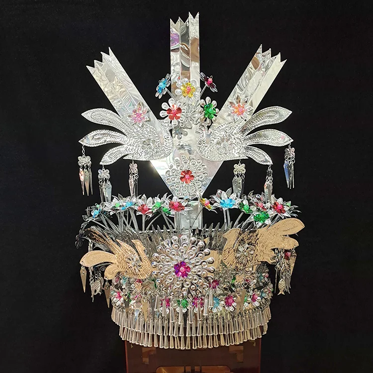 

Chinese Style Miao Silver Hats Handmade Miao Hat Stage Performance Costume Headwear Sequins Headdress Hmong Festival Accessories