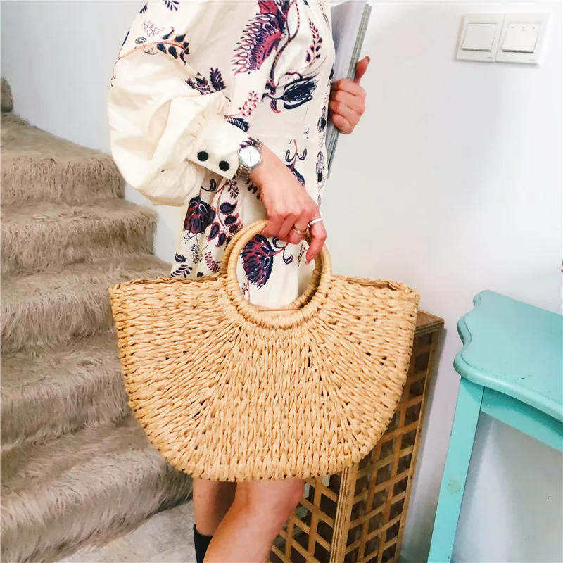 Handmade Women Handbag Semicircle Straw Bag Bohemia Summer Beach Bags Female Shopping Weaving Tote Large Capacity Top-handle Bag