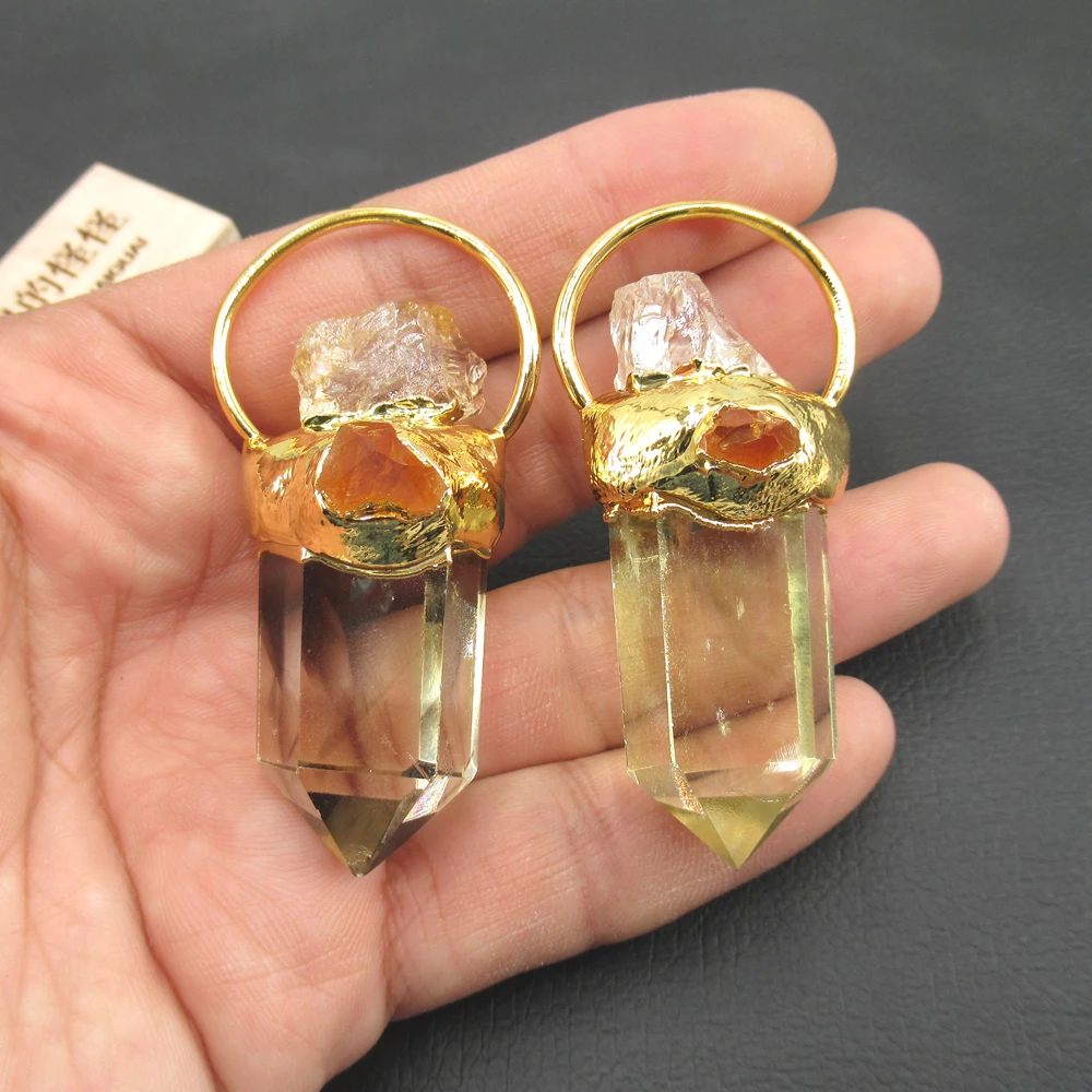 APDGG Natural Lemon Quartz Point Citrine Raw Rough Druzy Loop Charms necklace pendant Jewelry DIY