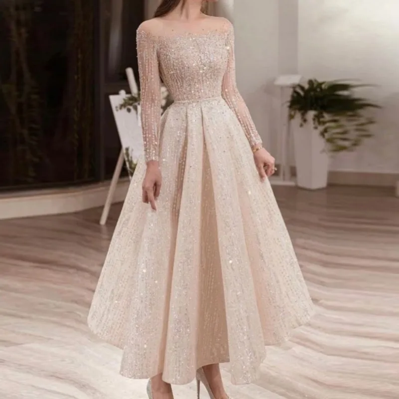 Sparkly Sheer Long Sleeves Evening Dresses Saudi Arabia A Line Robe De Soiree Illusion Neck Zipper Back Prom Party Gowns