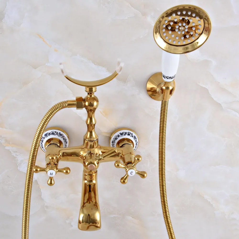 Luxury Gold Color Brass Wall Mounted Bathroom Bath Tub Faucet Set with 1500MM Hand Held Shower Spray Mixer Tap 2na917