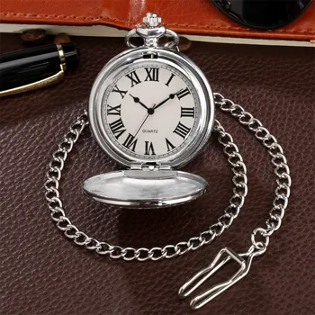 Classic Black Roman Numerals Dial Silver Smooth Cover Quartz Pocket Watch Retro Timepiece Gifts Male