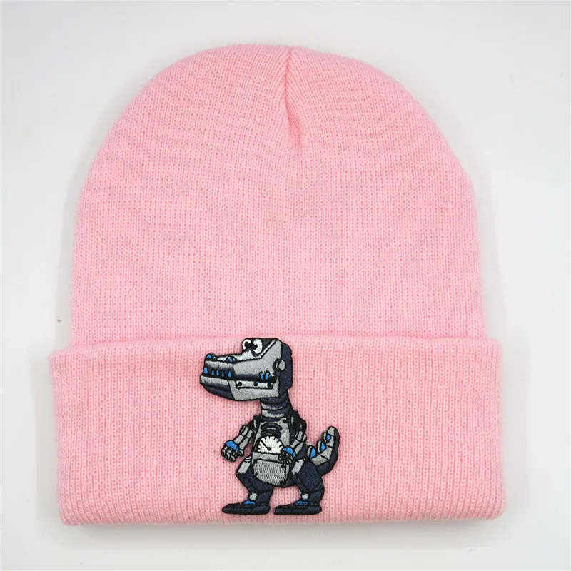 Cotton Cartoon Robot Dinosaur Embroidery Thicken Knitted Hat Winter Warm Hat Skullies Cap Beanie Hat for Men and Women 357