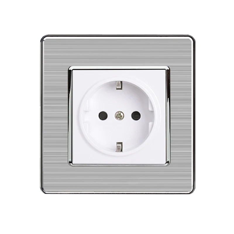 EU Standard Wall Socket Luxury Power Outlet Stainless Steel Brushed Silver Panel Electrical Plug